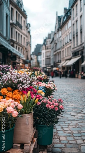 Wallpaper Mural Colorful flowers fill the market stalls along a cobbled street, celebrating the arrival of spring equinox and the awakening of nature, inviting visitors to experience seasonal beauty and balance Torontodigital.ca