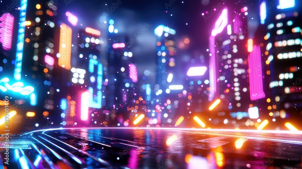 Fototapeta premium Futuristic neon cityscape at night with vibrant lights and urban atmosphere