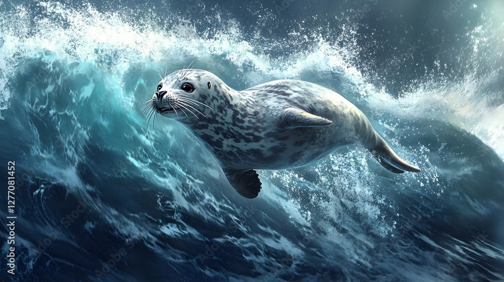 Fototapeta premium A playful seal diving in the waves of the sea