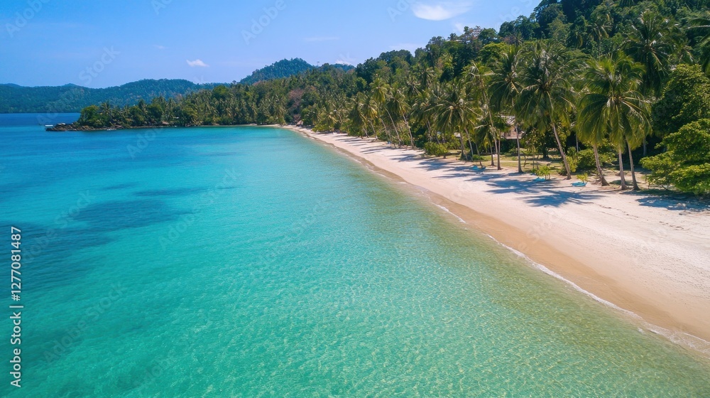 Clear turquoise waters gently lap against the pristine sandy shore surrounded by lush palm trees and verdant hills. This idyllic tropical beach invites travelers seeking tranquility and adventure Clear turquoise waters gently lap against the pristine sandy shore surrounded by lush palm trees and verdant hills. This idyllic tropical beach invites travelers seeking tranquility and adventure