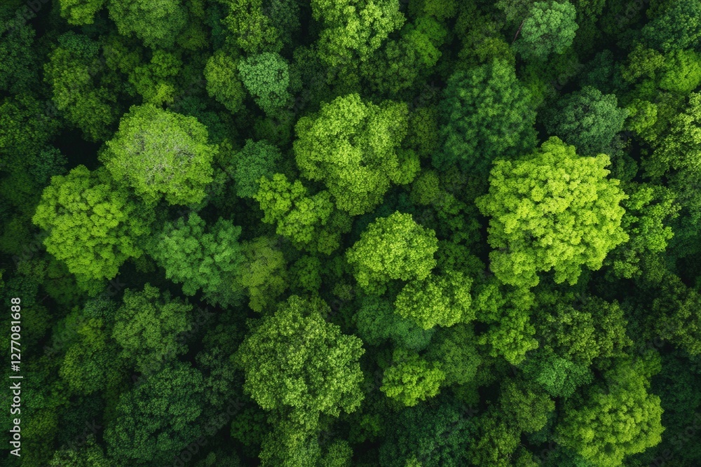 Fototapeta premium Lush green canopy of diverse trees seen from above in a thriving forest during a sunny day