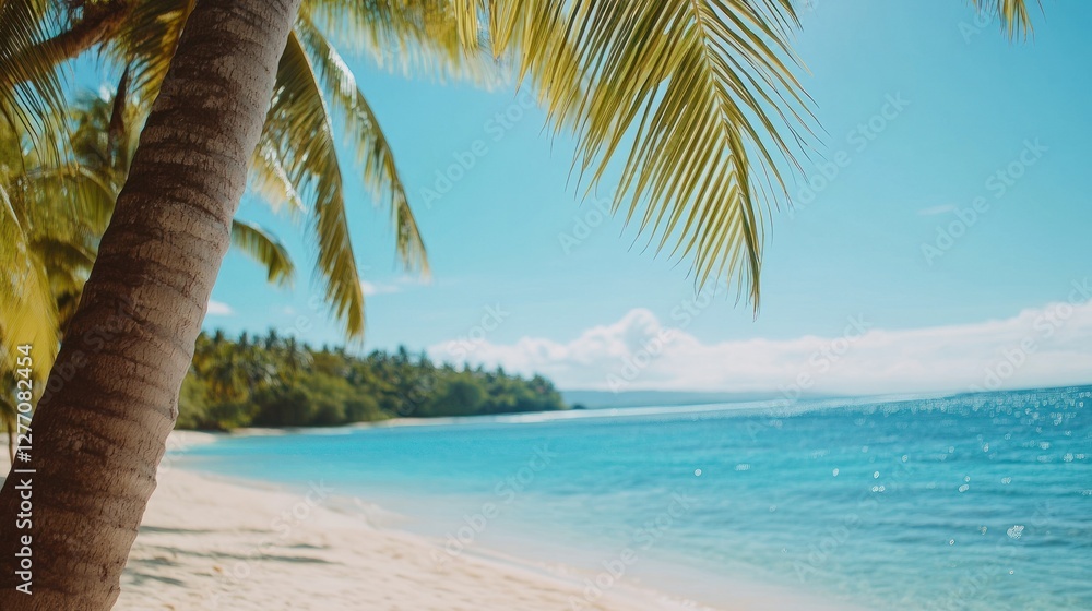 Lush palm trees line the soft sandy shores of a tranquil tropical beach Lush palm trees line the soft sandy shores of a tranquil tropical beach