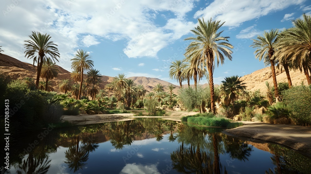 A quiet desert oasis with palm trees and a small pond A quiet desert oasis with palm trees and a small pond