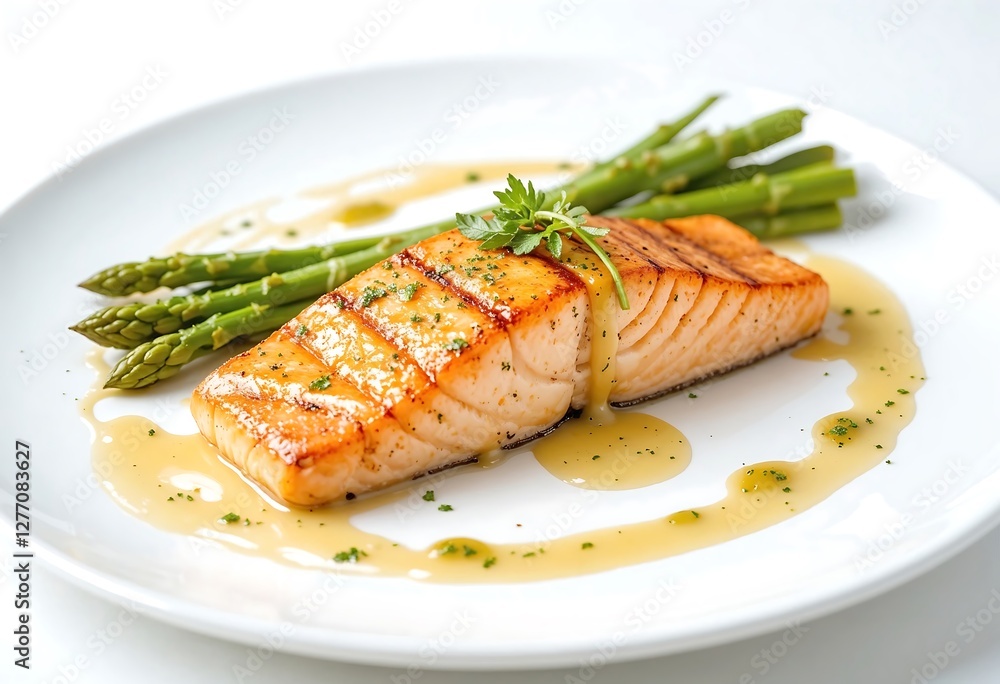 A delectable grilled salmon fillet served with fresh asparagus and a drizzle of savory sauce, presenting a gourmet dining experience. A delectable grilled salmon fillet served with fresh asparagus and a drizzle of savory sauce, presenting a gourmet dining experience.
