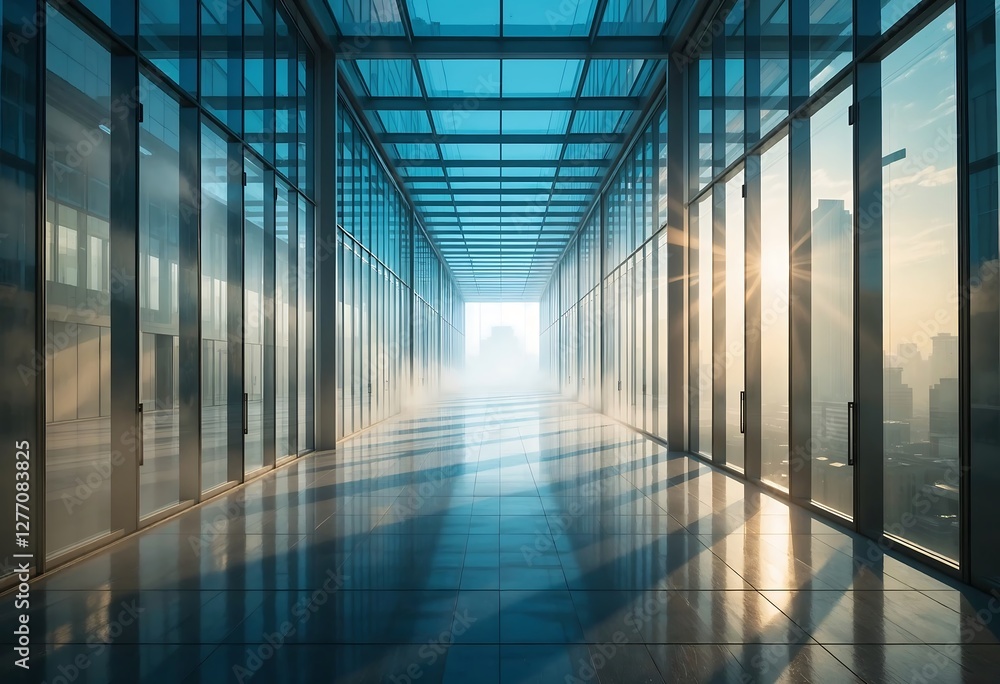 Morning light bathes a modern glass corridor, creating an ethereal and hopeful atmosphere in the space. Morning light bathes a modern glass corridor, creating an ethereal and hopeful atmosphere in the space.