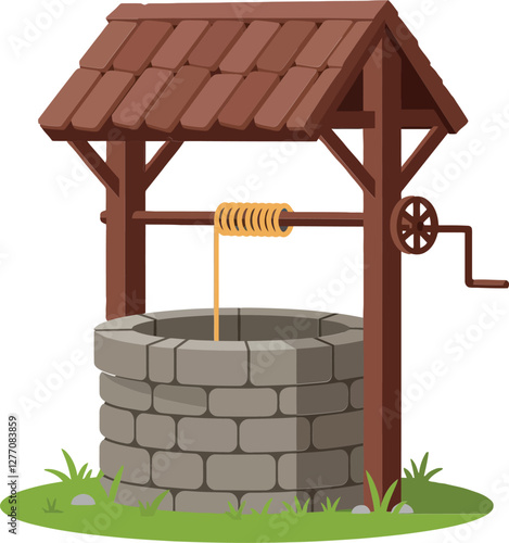 A charming stone well with a wooden roof and crank system in a grassy setting, flat vector illustration