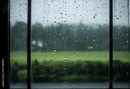 Rain drops on a glass window with a blurred green outdoor background creating a moody and calming aesthetic during a rainy day.