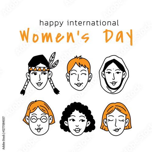 Happy international Womens day Greeting card with doodle women different nationalities and cultures. Vector line art faces sketch, black and white ink. Hand drawn yellow illustration