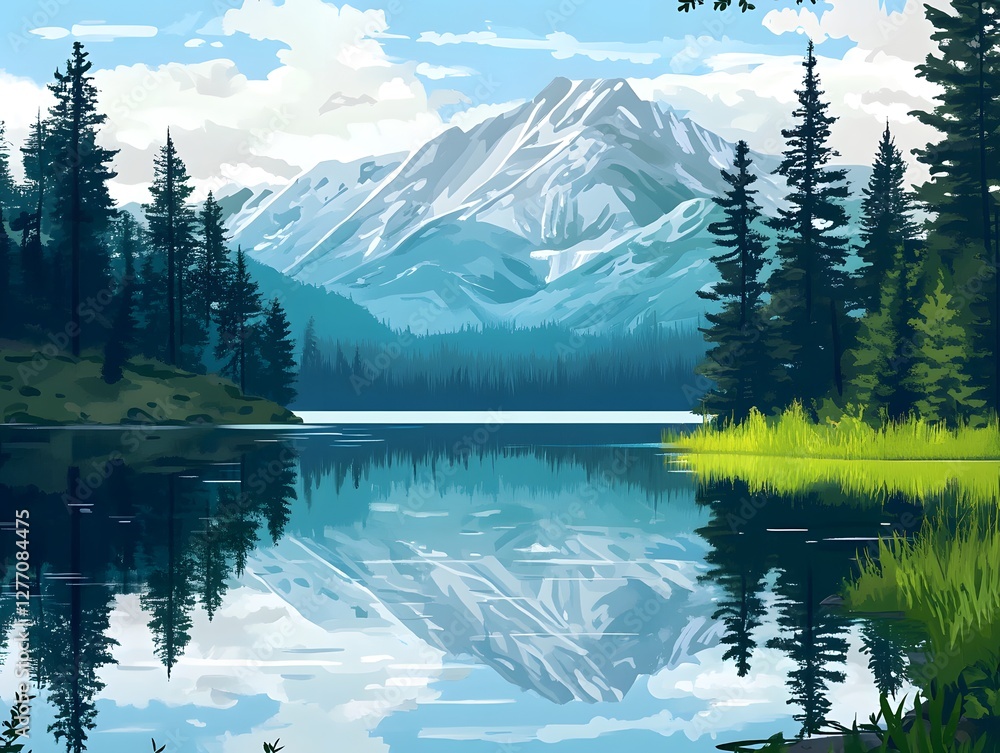 Naklejka premium A quiet mountain lake surrounded by fir trees