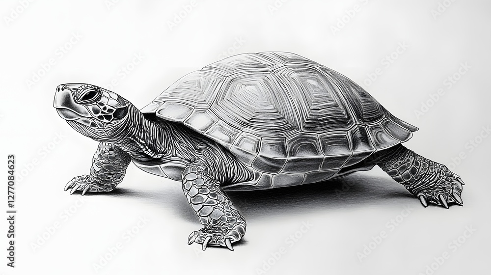 Fototapeta premium Detailed monochrome drawing of a turtle with intricate shell pattern and textured skin on a white background.