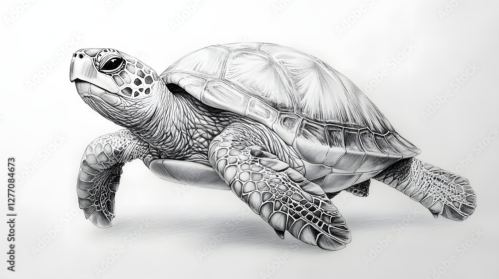 Obraz premium Detailed monochrome illustration of a sea turtle with textured shell and skin on a plain backdrop.