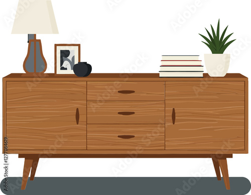 Wooden sideboard with decorative lamp, framed photo, books, and potted plant in a minimal flat vector illustration