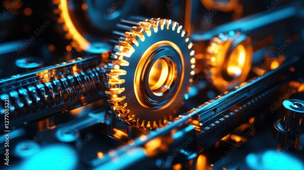 Fototapeta premium A close-up view of intricate gears and cogs within a machine, illuminated by a striking blue light, highlighting their mechanical design and function.