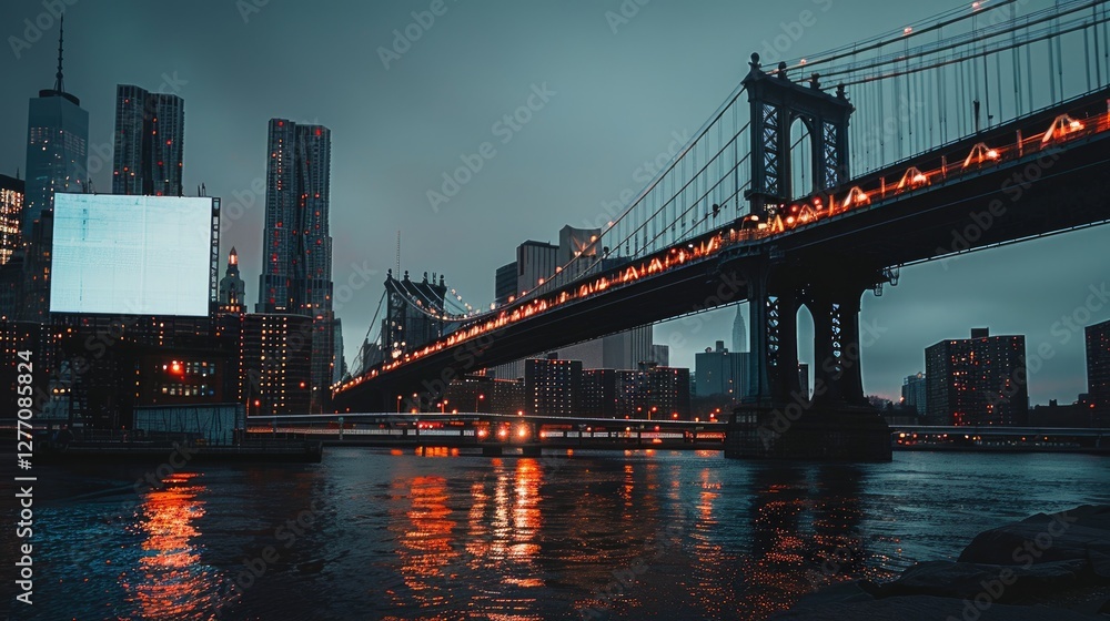 Naklejka premium brooklyn bridge at night with white screen mockup
