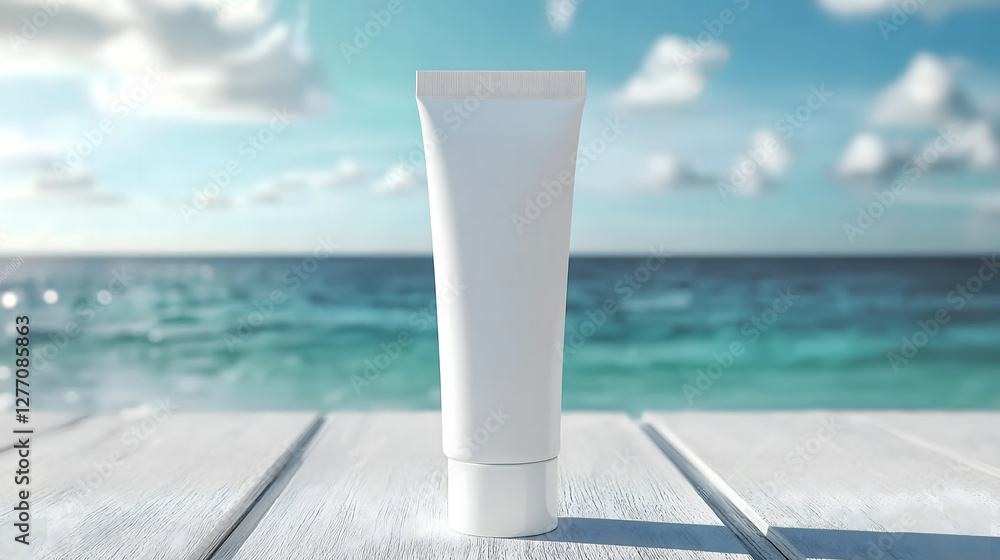 Blank white tube of moisturizing cream for skin care against blue sea background on wooden surface. Bottle template for toothpaste, cream or gel. Cosmetic tube mockup. Skin care products for advertisi Blank white tube of moisturizing cream for skin care against blue sea background on wooden surface. Bottle template for toothpaste, cream or gel. Cosmetic tube mockup. Skin care products for advertisi