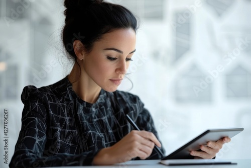 A young woman focused on her tablet, meticulously taking notes with a pen, showcasing concentration and work. Free Download A young woman focused on her tablet, meticulously taking notes with a pen, showcasing concentration and work. - GFXLoad