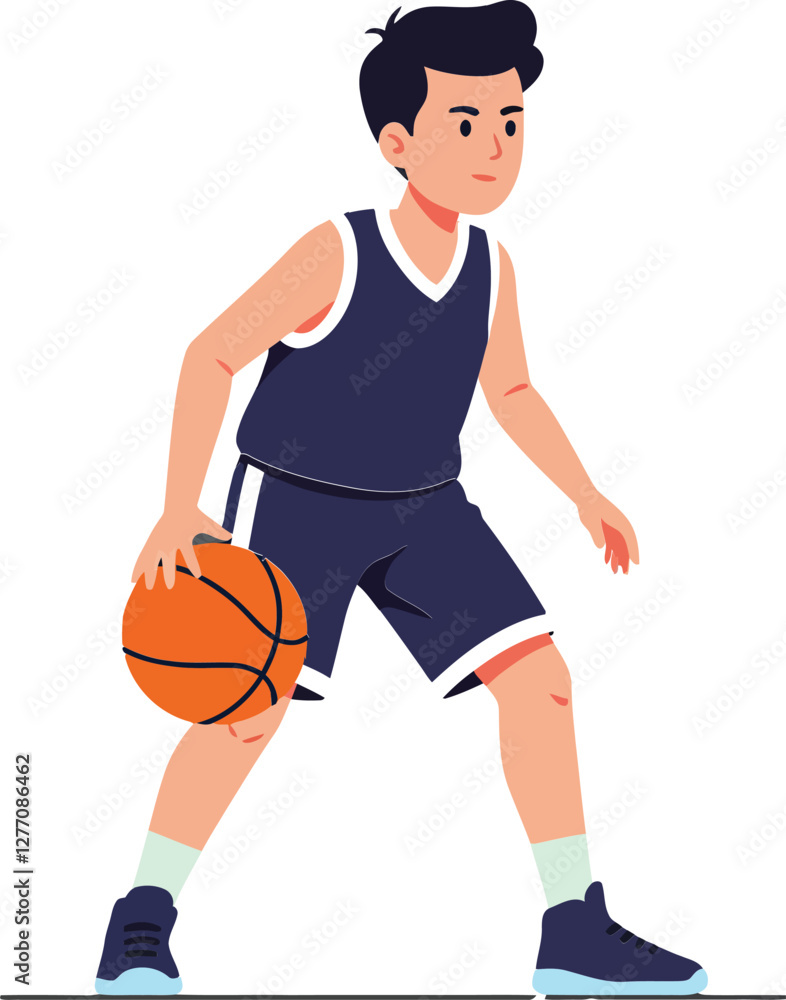 Young boy dribbling a basketball in a playful and energetic manner, showcasing flat design style in vibrant colors, vector illustration Young boy dribbling a basketball in a playful and energetic manner, showcasing flat design style in vibrant colors, vector illustration