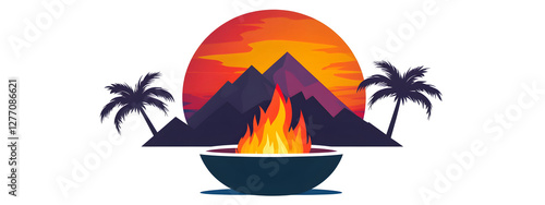 Logo, a vector graphic of a fire pit with palm trees and mountains in the background
