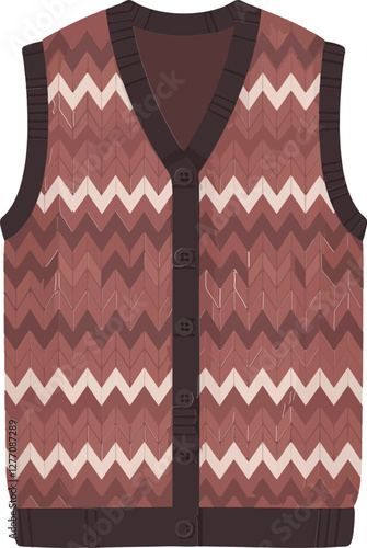 Cozy knitted brown vest with zigzag patterns in a flat design style, showcasing a warm and inviting atmosphere, perfect for casual wear, vector art