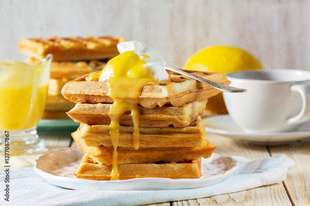 Belgian waffles with cream and lemon curd, served with tea.