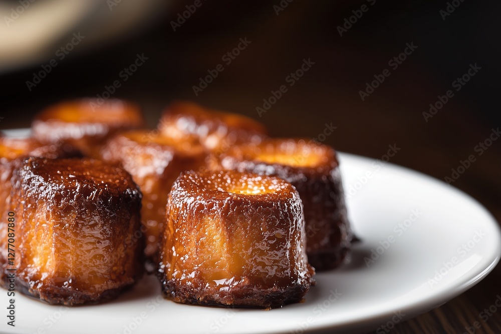 moody, rustic setting featuring a plate of canelés with a perfectly caramelized crust. moody, rustic setting featuring a plate of canelés with a perfectly caramelized crust.