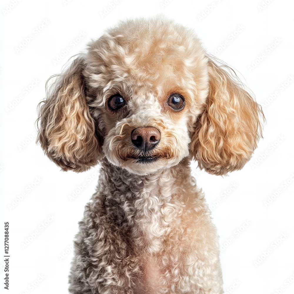 Portrait of a cute poodle isolated on white, showcasing its fluffy coat and expressive eyes. Perfect for pet, dog breed, and animal-themed content. Portrait of a cute poodle isolated on white, showcasing its fluffy coat and expressive eyes. Perfect for pet, dog breed, and animal-themed content.