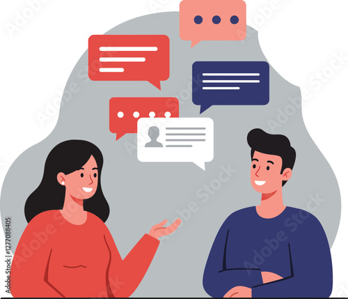 Engaging conversation between two friends in a modern flat design style vector illustration with speech bubbles expressing ideas and emotions