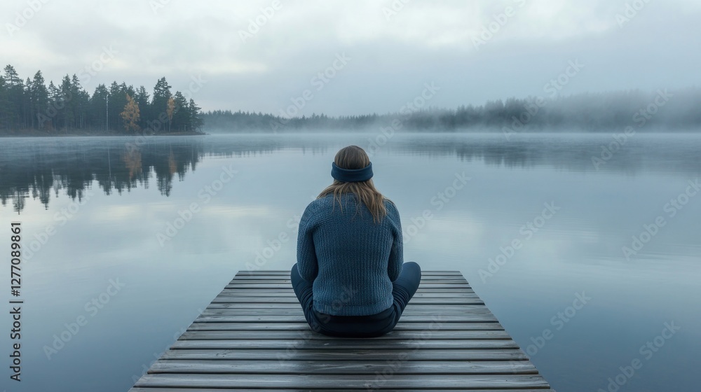 Woman meditates on misty lake dock. Woman meditates on misty lake dock.