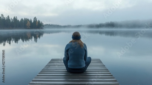 Fototapeta Naklejka Na Ścianę i Meble -  Woman meditates on misty lake dock.