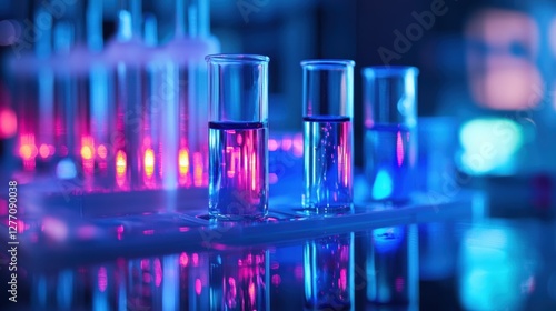 close-up of high-tech laboratory glassware, including test tubes and flasks filled with vibrant liquid solutions, placed on a sleek reflective surface.