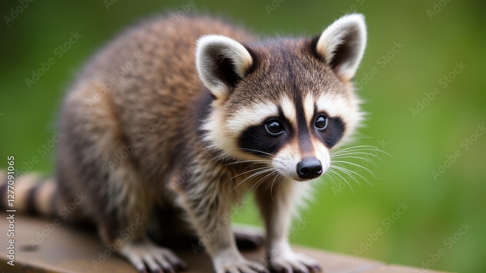 A baby raccoon with fluffy fur and a distinctive striped tail is perched on a wooden surface. A baby raccoon with fluffy fur and a distinctive striped tail is perched on a wooden surface.