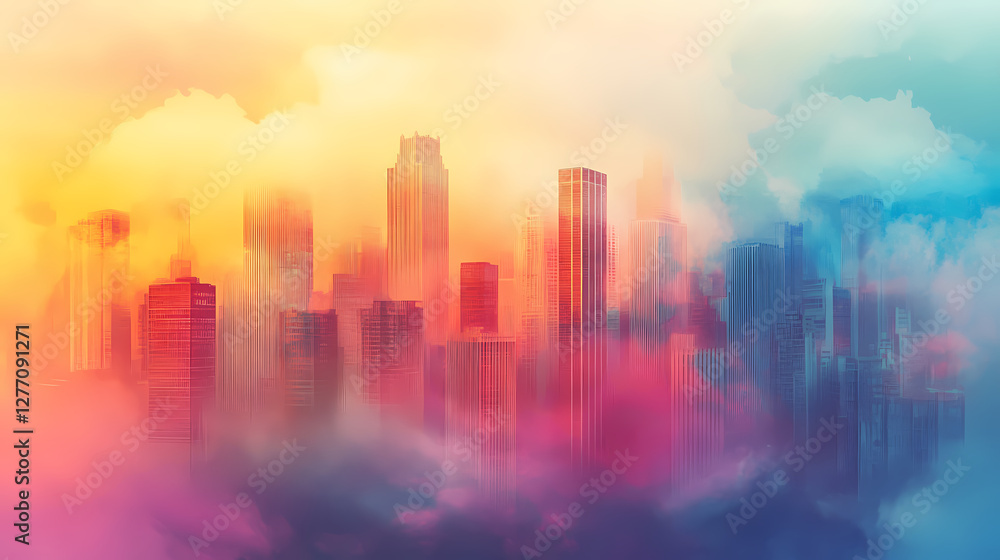 Fototapeta premium Surreal cityscape with twisted buildings and ethereal fog in vibrant colors. Phantasmagoric Dream City. Illustration