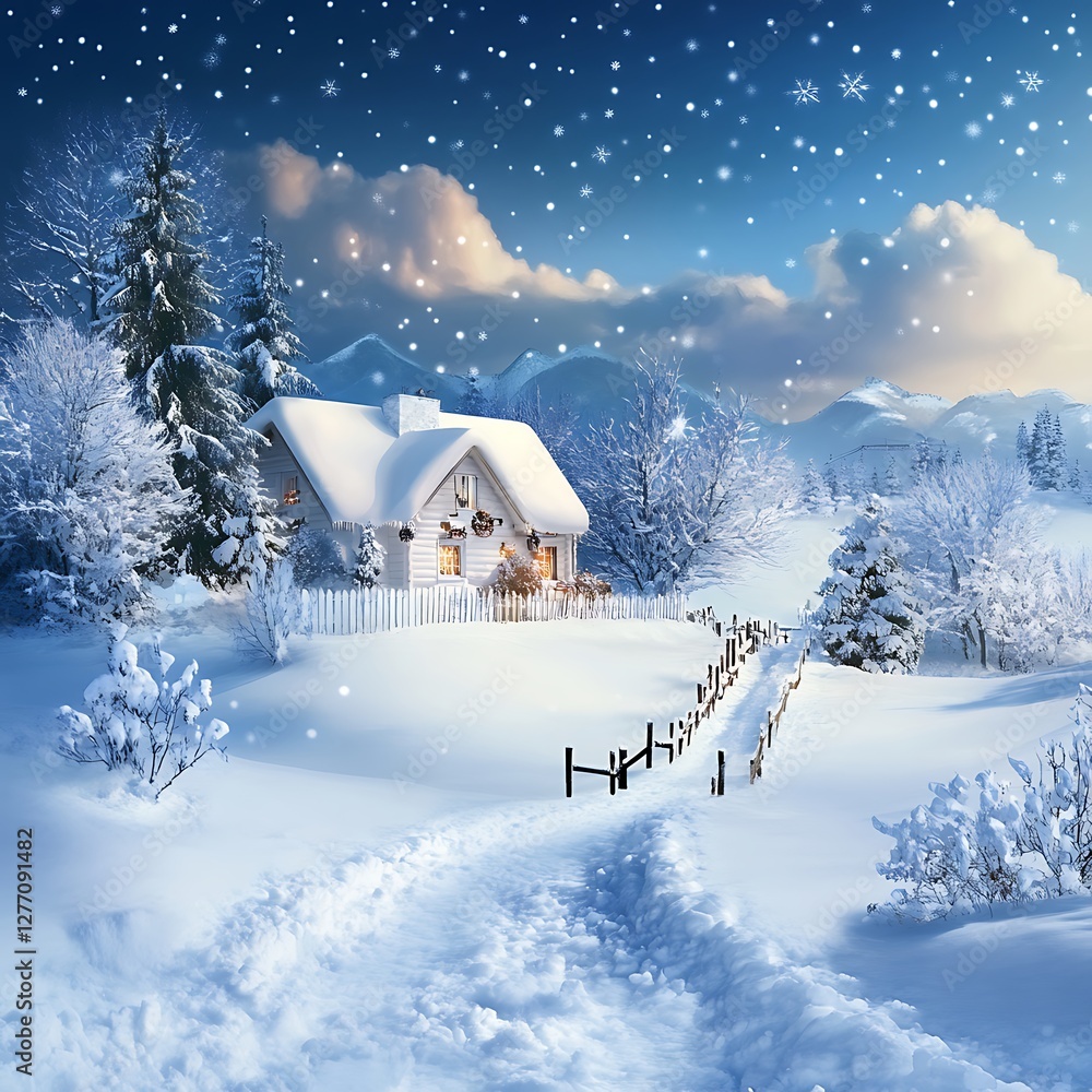 Fototapeta premium Cozy Christmas cottage shining under falling white snow image