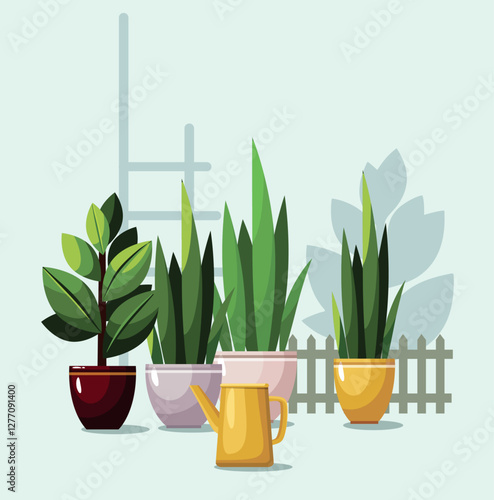 Plants in flowerpots and watering can. Home flowers on white background. Gardening concept.