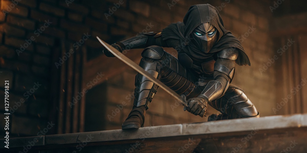 Dynamic figure in dark attire preparing to strike from rooftop at dusk Dynamic figure in dark attire preparing to strike from rooftop at dusk