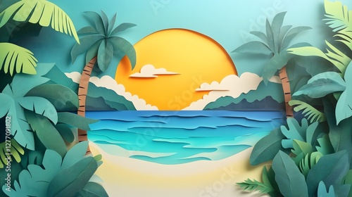 Paper cut illustration of a tropical beach landscape