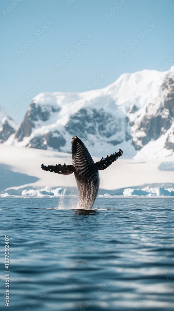 Fototapeta premium Humpback whale breaching, Antarctic mountains