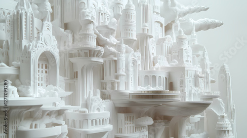 White paper art sculpture of a surrealistic abstract city or building, 3d paper architectural sculpture. Phantasmagoric Dream City. Illustration