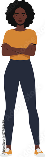 Confident woman standing with arms crossed in flat design style showcasing empowerment and determination in vector illustration