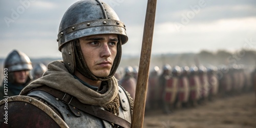 Young soldier stands ready for battle in a medieval setting under a cloudy sky