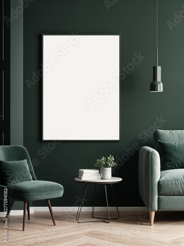 A stylish reading nook featuring a cozy armchairs with a pillow, a framed mockup for artwork on the wall. Modern design. Green color