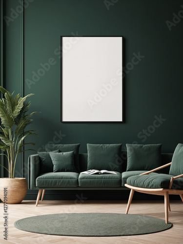 A stylish reading nook featuring a cozy armchairs with a pillow, a framed mockup for artwork on the wall. Modern design. Green color