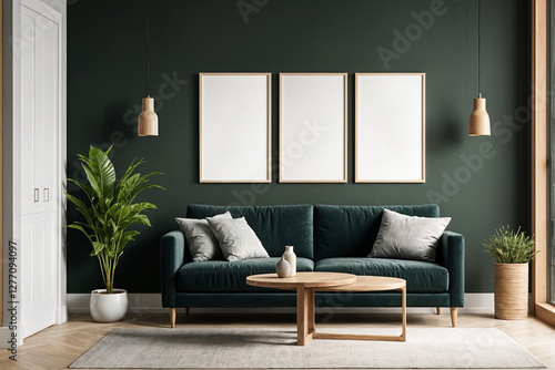 A stylish reading nook featuring a cozy armchairs with a pillow, a framed mockup for artwork on the wall. Modern design. Green color