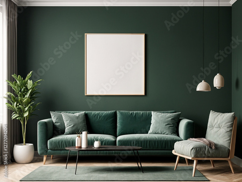 A stylish reading nook featuring a cozy armchairs with a pillow, a framed mockup for artwork on the wall. Modern design. Green color