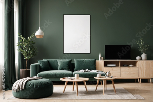 A stylish reading nook featuring a cozy armchairs with a pillow, a framed mockup for artwork on the wall. Modern design. Green color