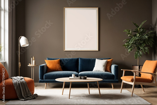 A stylish reading nook featuring a cozy armchairs with a pillow, a framed mockup for artwork on the wall. Modern design. Brown color