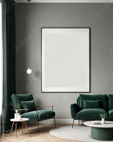 A stylish reading nook featuring a cozy armchairs with a pillow, a framed mockup for artwork on the wall. Modern design. Green color