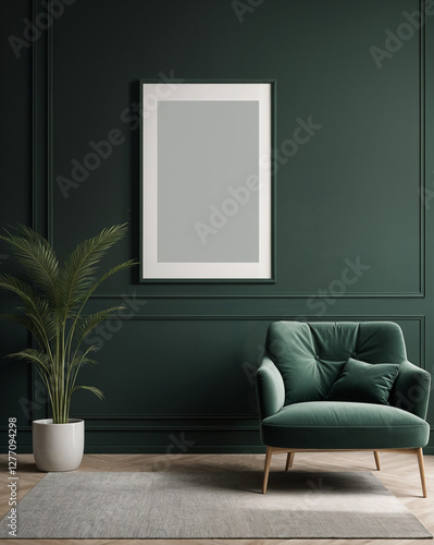 A stylish reading nook featuring a cozy armchairs with a pillow, a framed mockup for artwork on the wall. Modern design. Green color