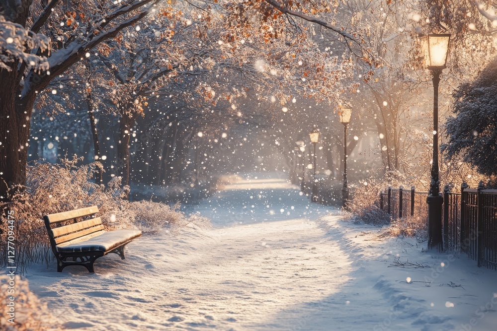 Obraz premium Snow-covered path with bench and illuminated street lamps in a winter park setting