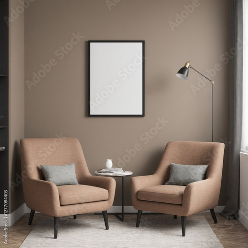 A stylish reading nook featuring a cozy armchairs with a pillow, a framed mockup for artwork on the wall. Modern design. Brown color